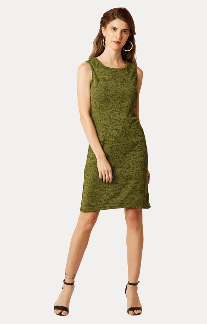 Women's Green Cotton MelangeCasualwear Sheath Dress