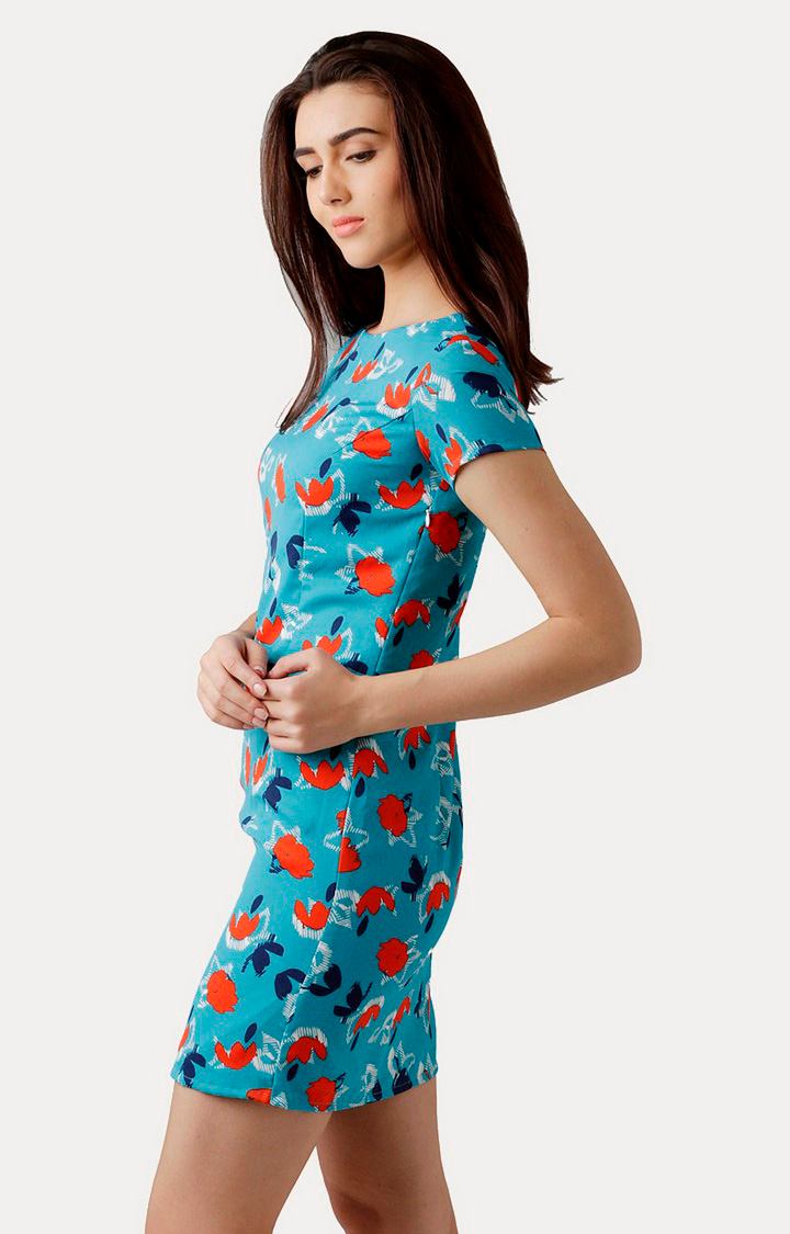 Women's Blue Crepe PrintedCasualwear Shift Dress