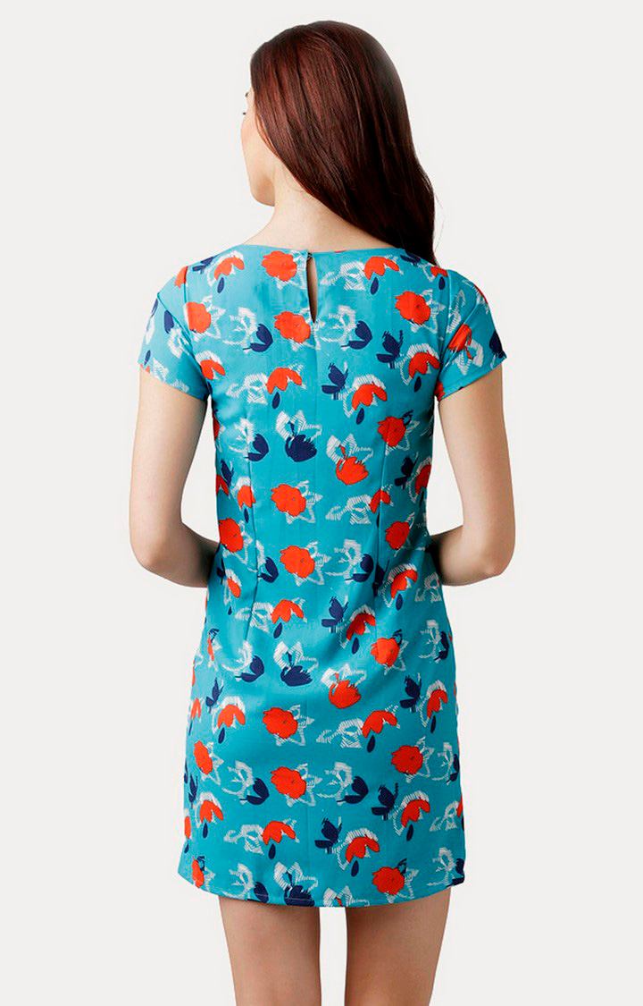 Women's Blue Crepe PrintedCasualwear Shift Dress