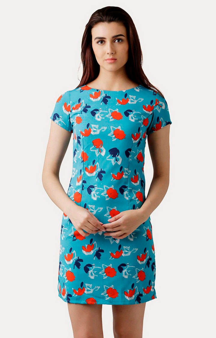 MISS CHASE | Women's Blue Crepe PrintedCasualwear Shift Dress