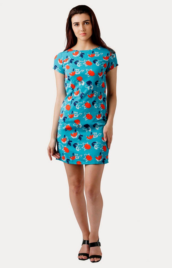 Women's Blue Crepe PrintedCasualwear Shift Dress