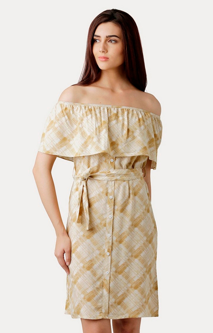 Women's Beige Rayon PrintedCasualwear Off Shoulder Dress