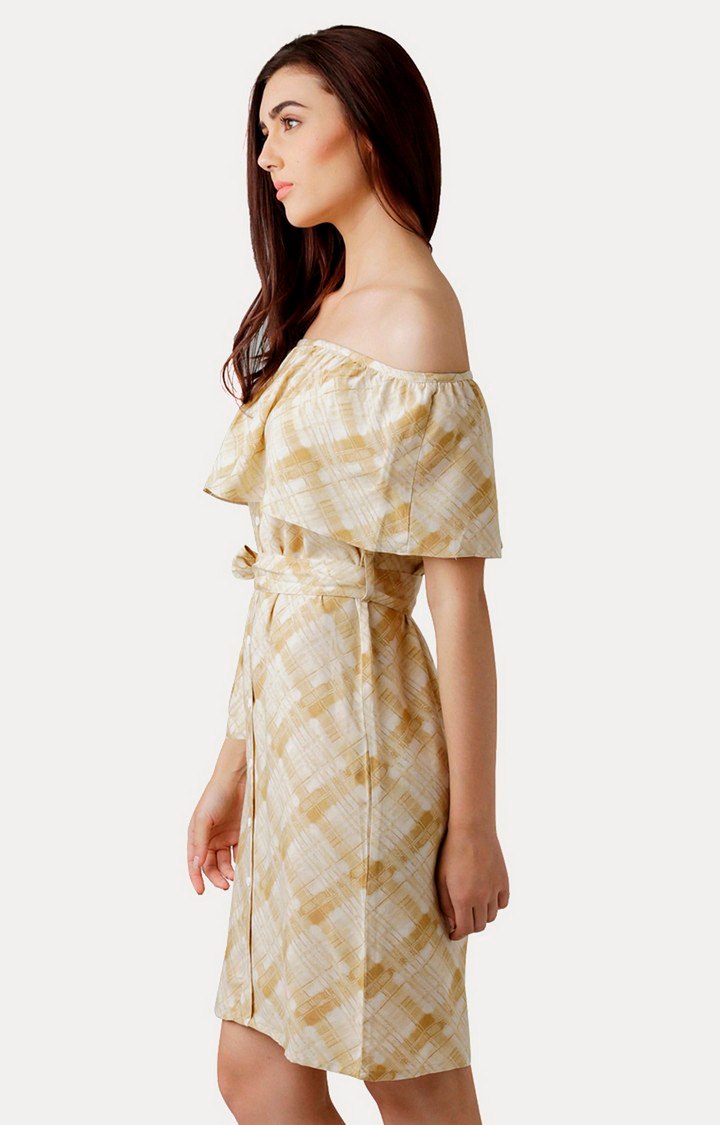 Women's Beige Rayon PrintedCasualwear Off Shoulder Dress