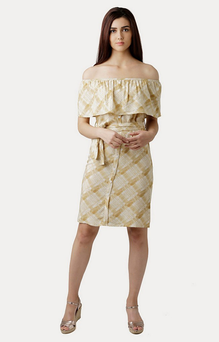 Women's Beige Rayon PrintedCasualwear Off Shoulder Dress