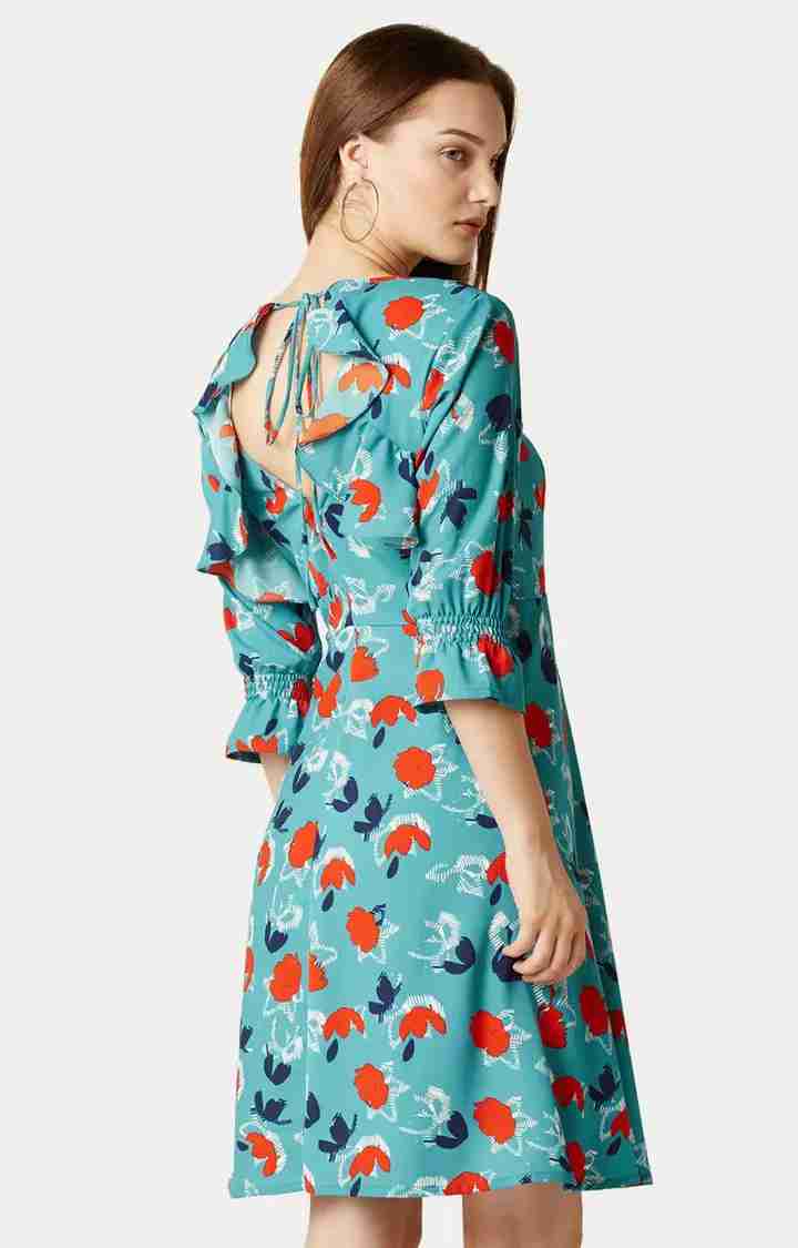 Women's Green Polyester FloralCasualwear Skater Dress