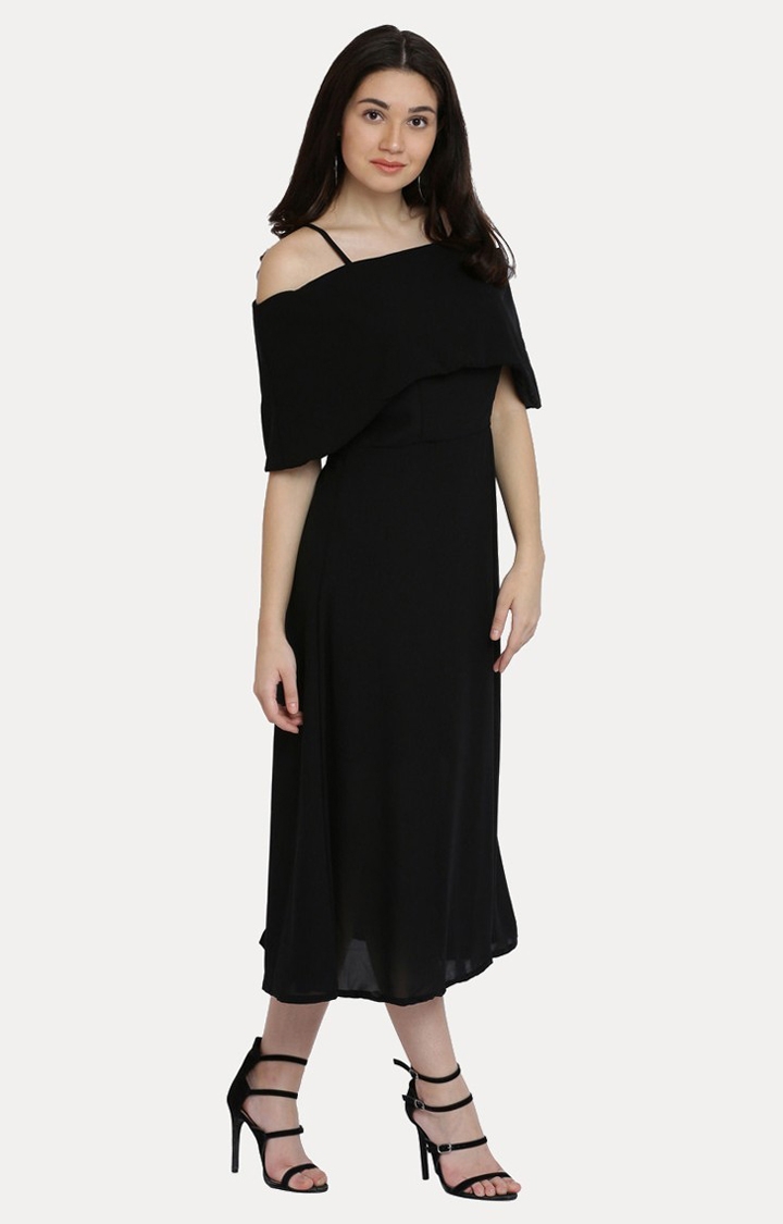 MISS CHASE | Women's Black Georgette SolidEveningwear Off Shoulder Dress
