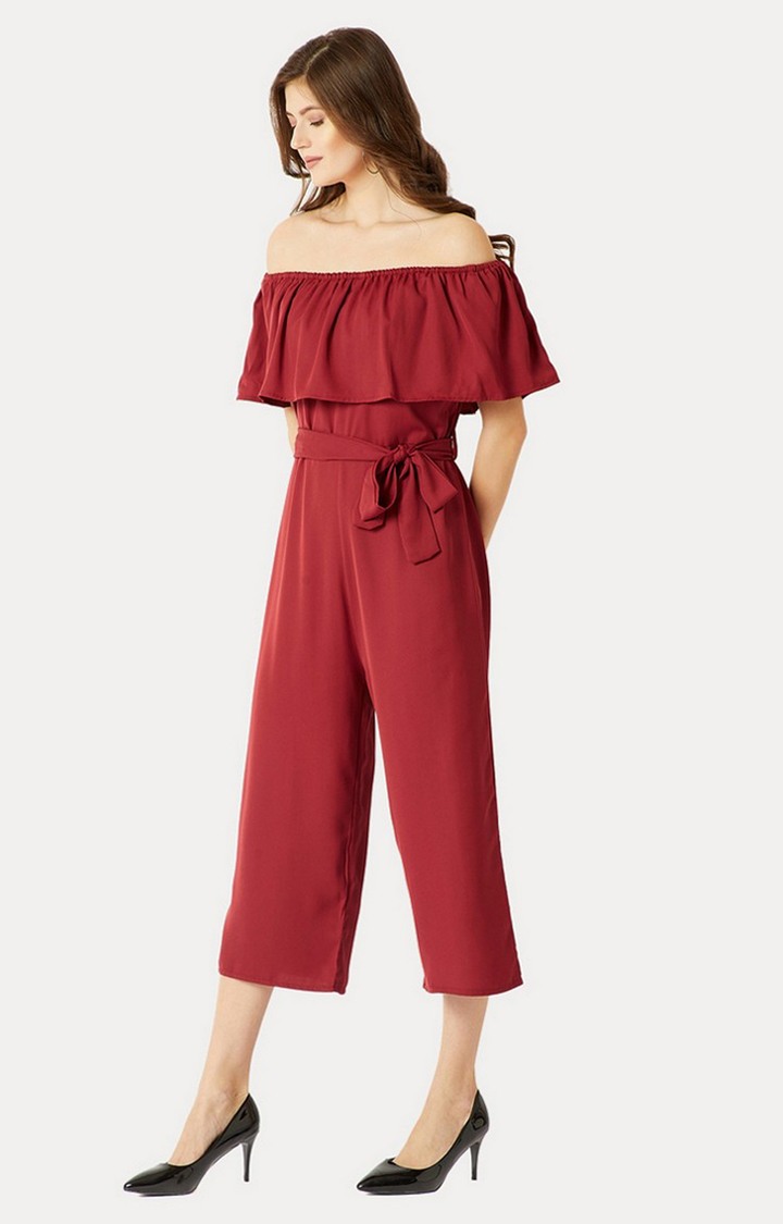 Women's Red Crepe SolidCasualwear Jumpsuits