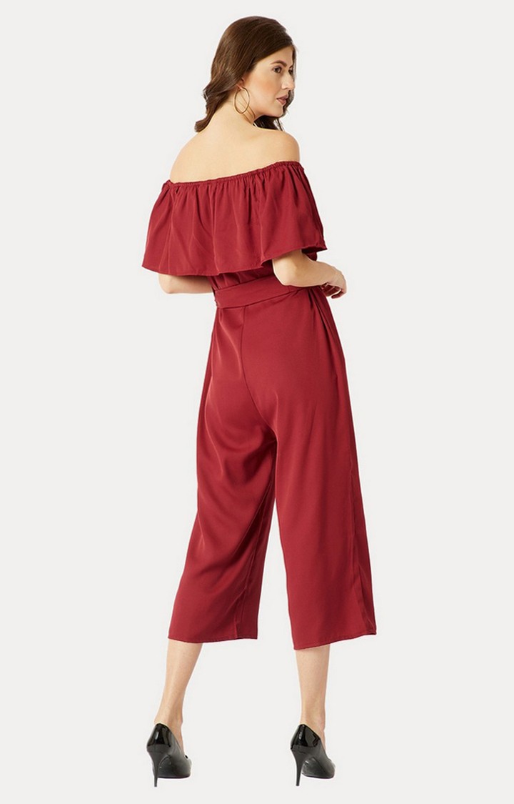 Women's Red Crepe SolidCasualwear Jumpsuits