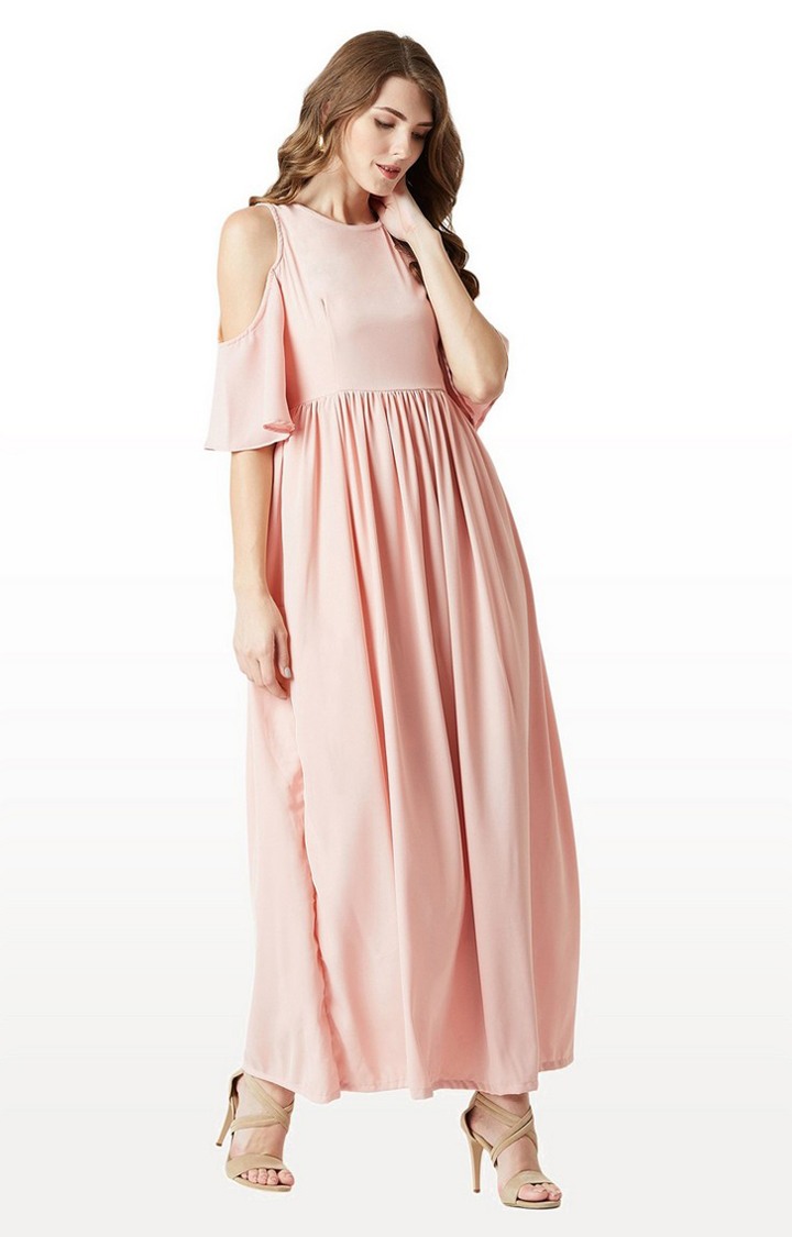 Women's Pink Crepe SolidEveningwear Maxi Dress