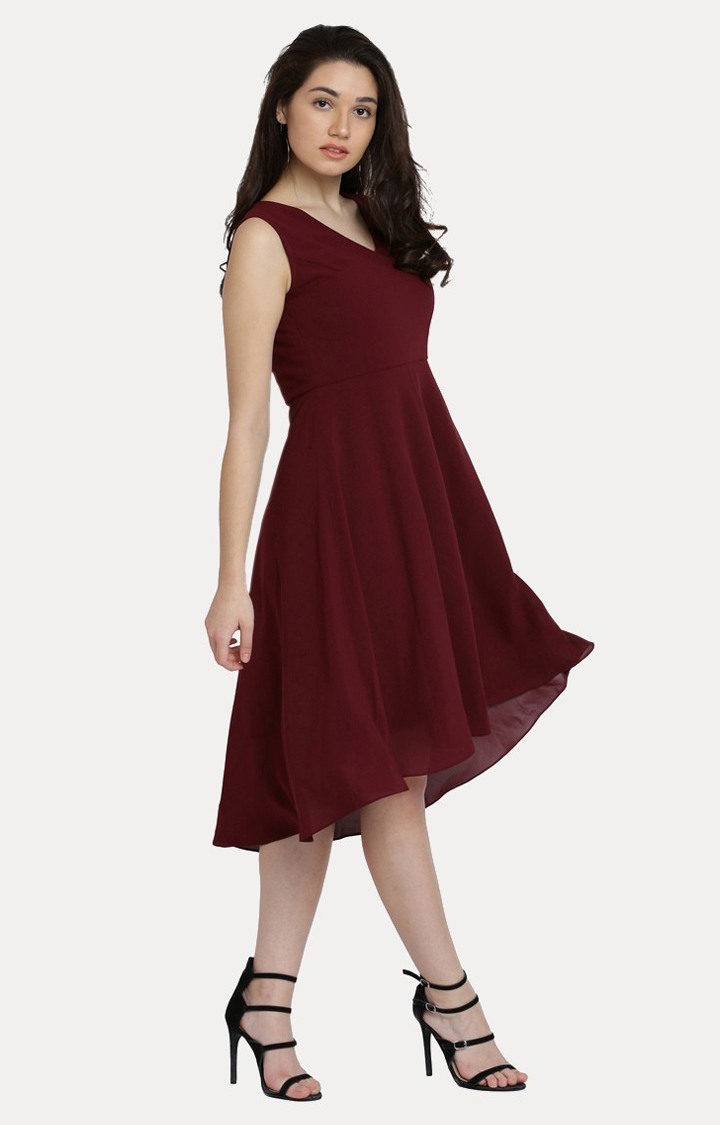 Women's Red Georgette SolidEveningwear Skater Dress