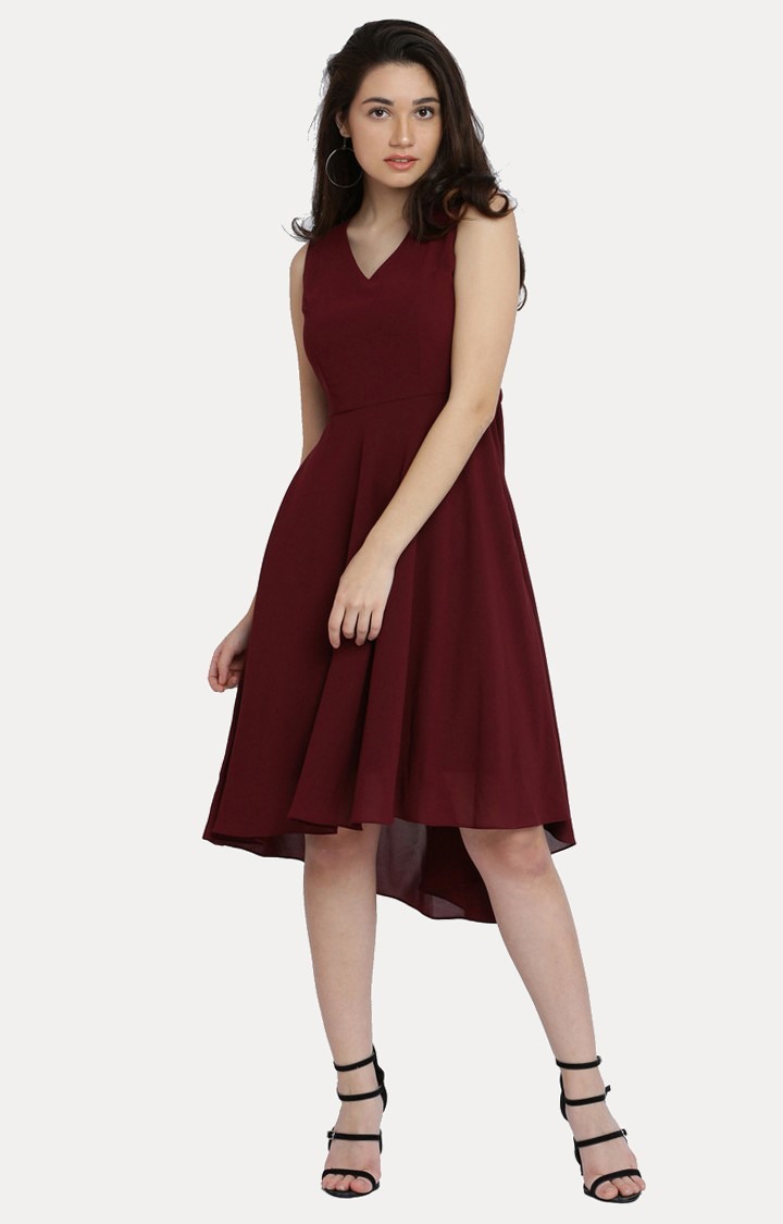 Women's Red Georgette SolidEveningwear Skater Dress