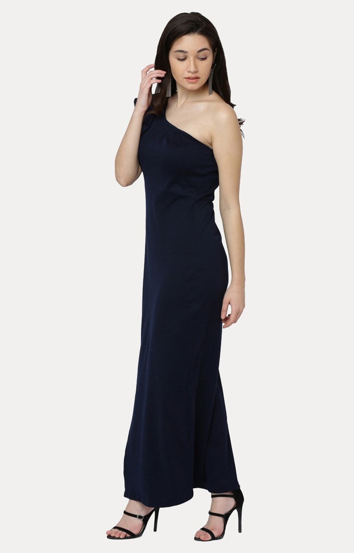 Women's Blue Cotton SolidEveningwear Maxi Dress