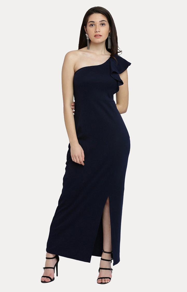 MISS CHASE | Women's Blue Cotton SolidEveningwear Maxi Dress