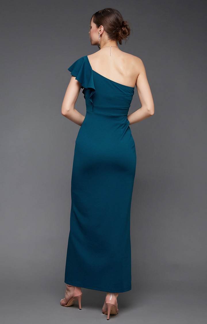 Women's Blue Polyester SolidEveningwear Maxi Dress