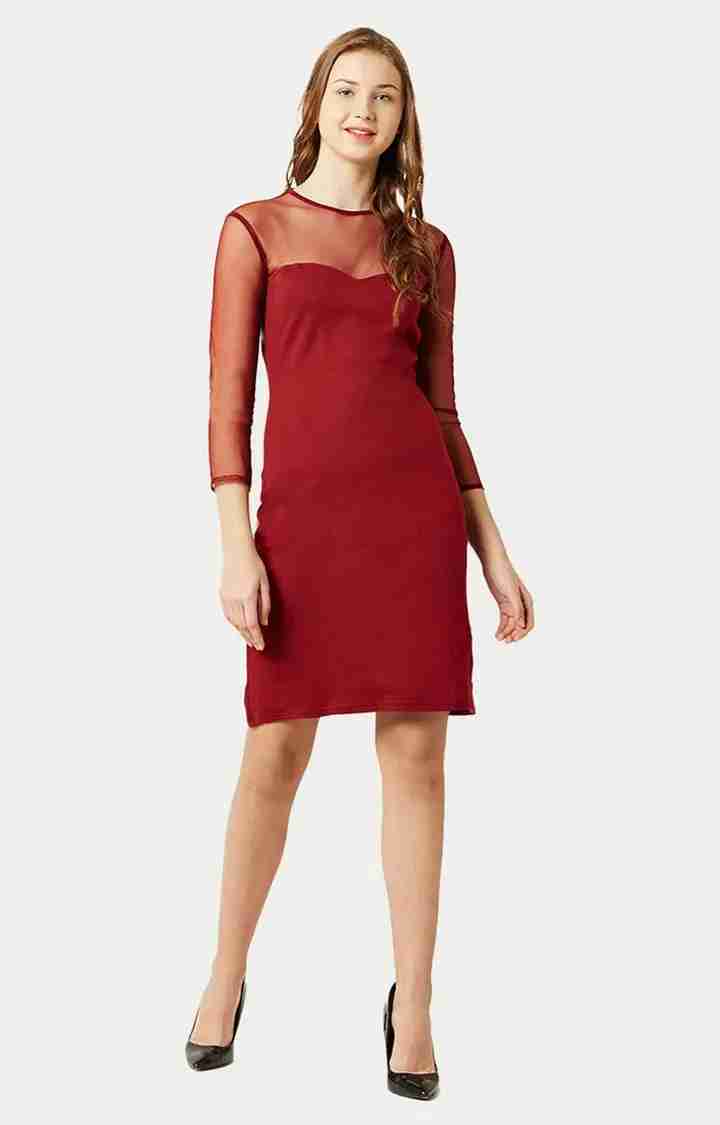 Women's Red Cotton SolidEveningwear Shift Dress