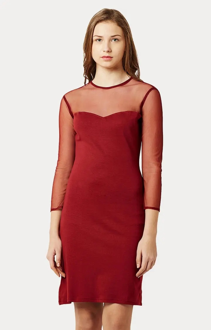 MISS CHASE | Women's Red Cotton SolidEveningwear Shift Dress
