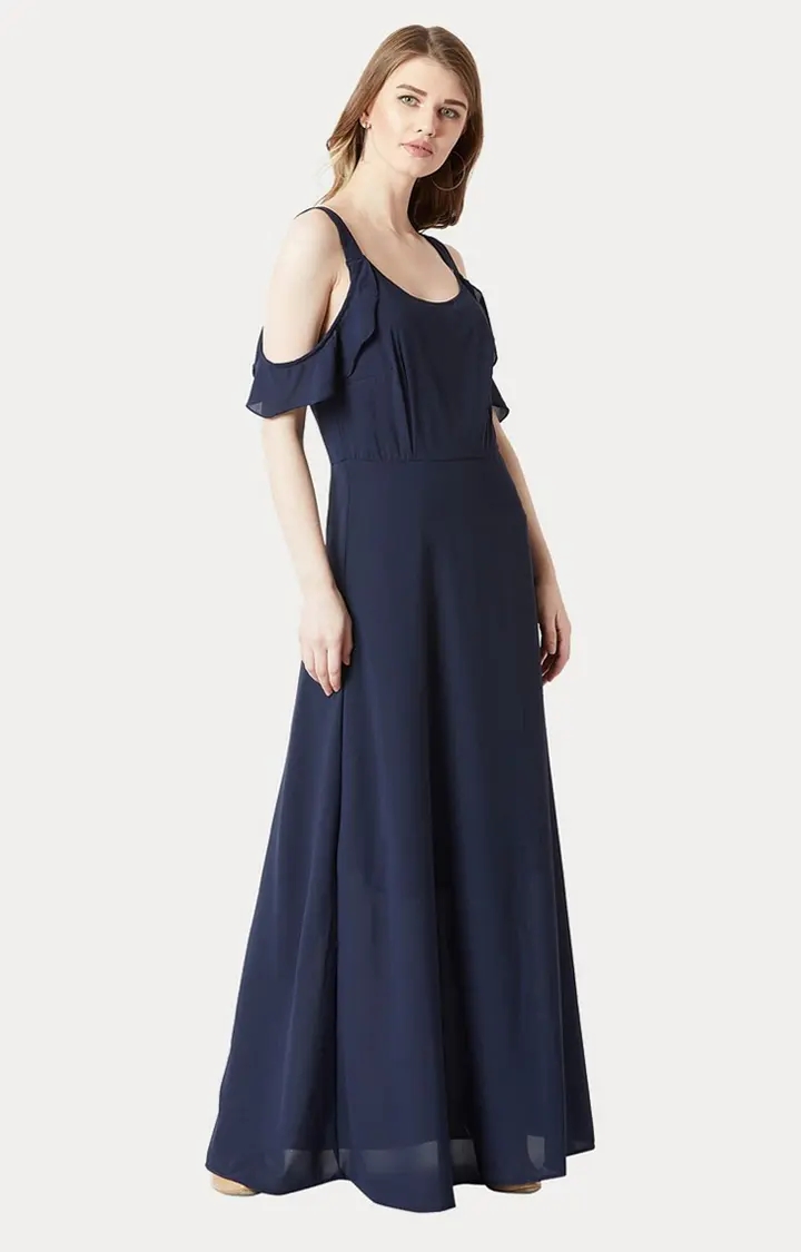 MISS CHASE | Women's Blue Georgette SolidCasualwear Maxi Dress