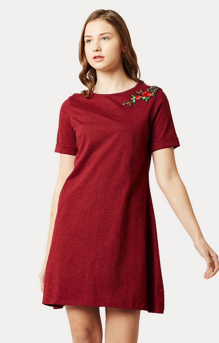 MISS CHASE | Women's Red Cotton SolidCasualwear Skater Dress