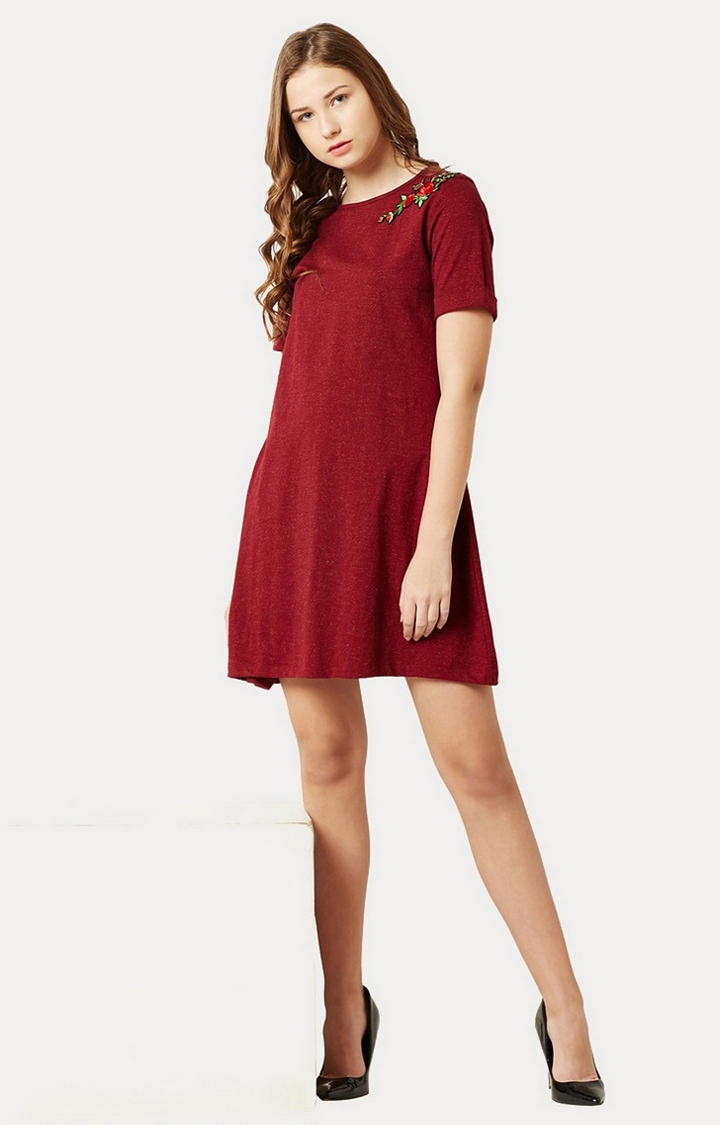 MISS CHASE | Women's Red Solid Skater Dress 1