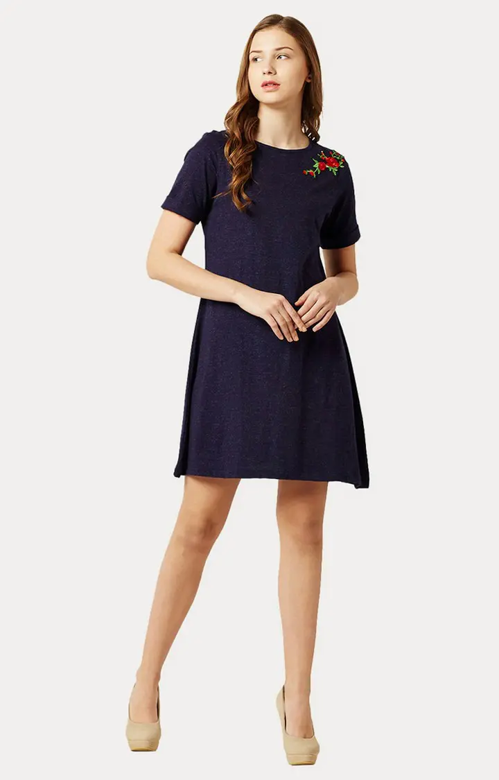 Women's Blue Cotton SolidCasualwear Shift Dress