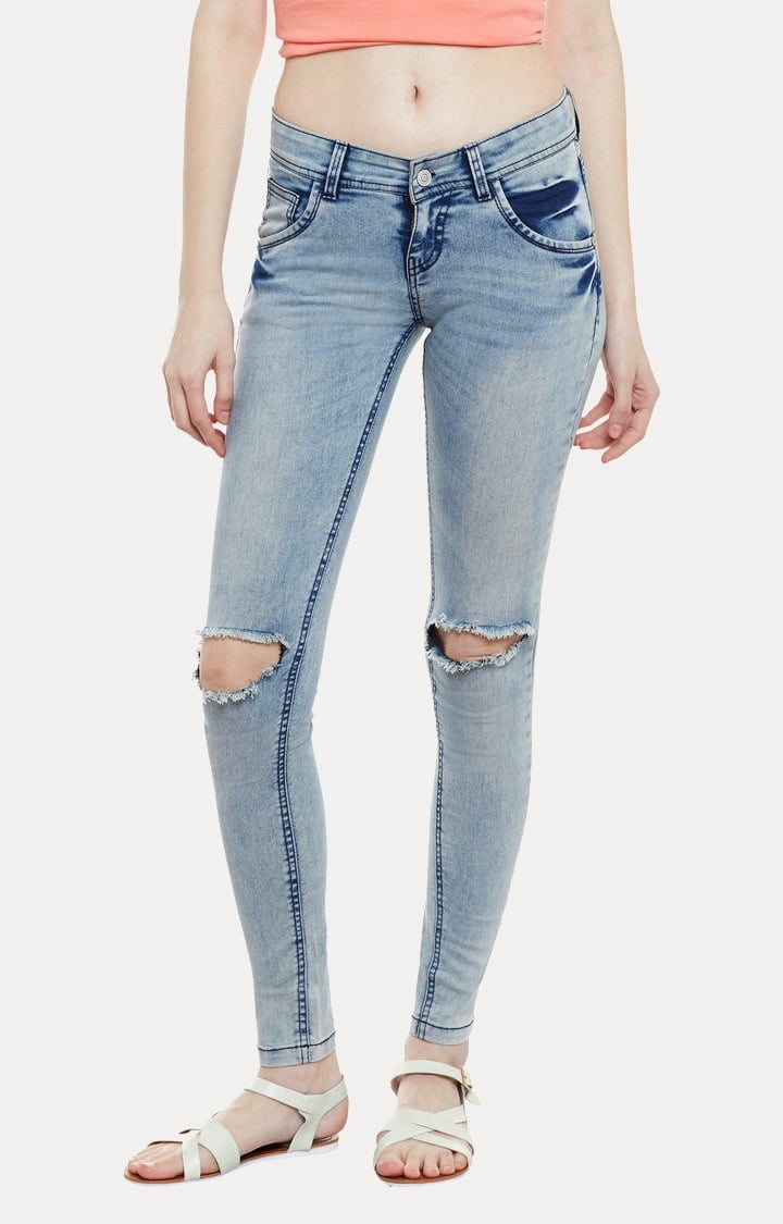 MISS CHASE | Women's Blue Solid Ripped Jeans