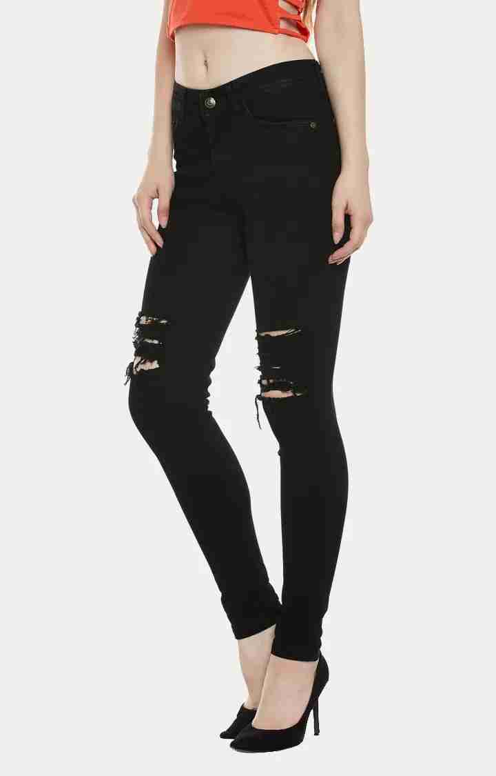 Women's Black Solid Ripped Jeans