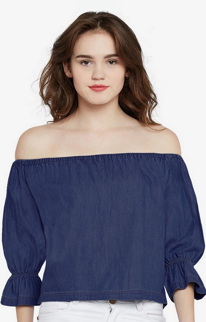 Women's Blue Solid Off Shoulder Top
