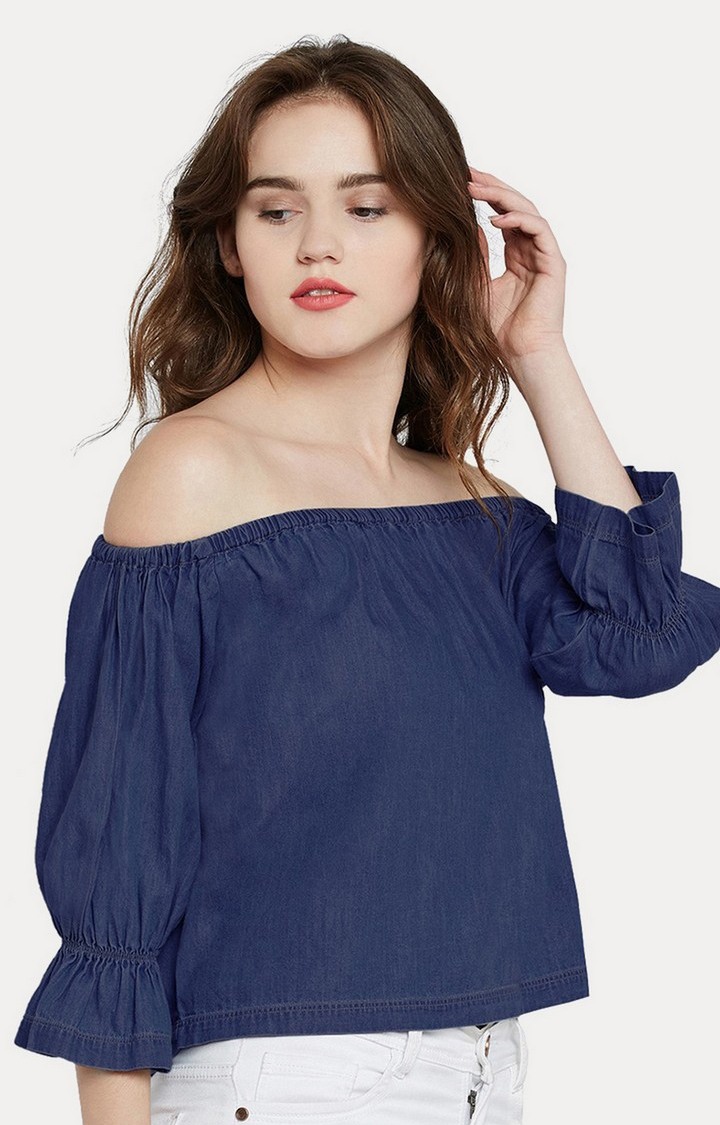 Women's Blue Denim SolidCasualwear Off Shoulder Top