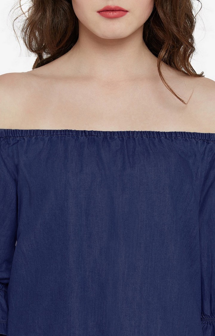 Women's Blue Denim SolidCasualwear Off Shoulder Top