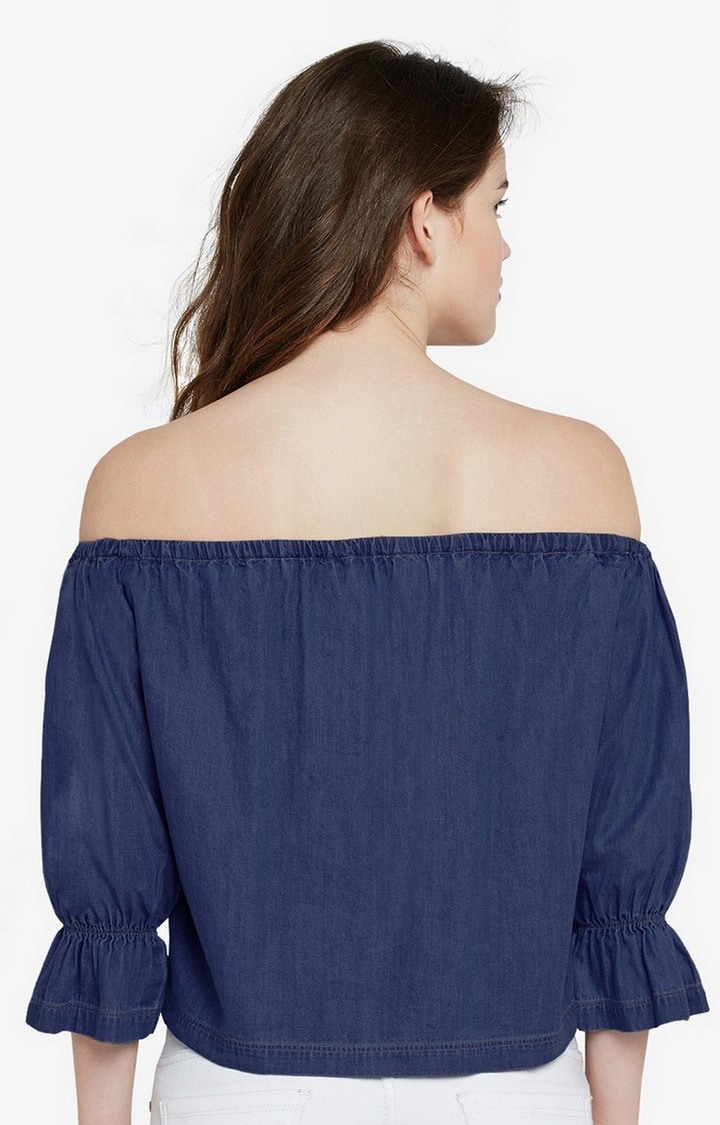 Women's Blue Denim SolidCasualwear Off Shoulder Top