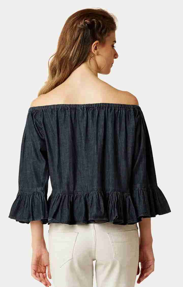 Women's Blue Denim SolidCasualwear Off Shoulder Top