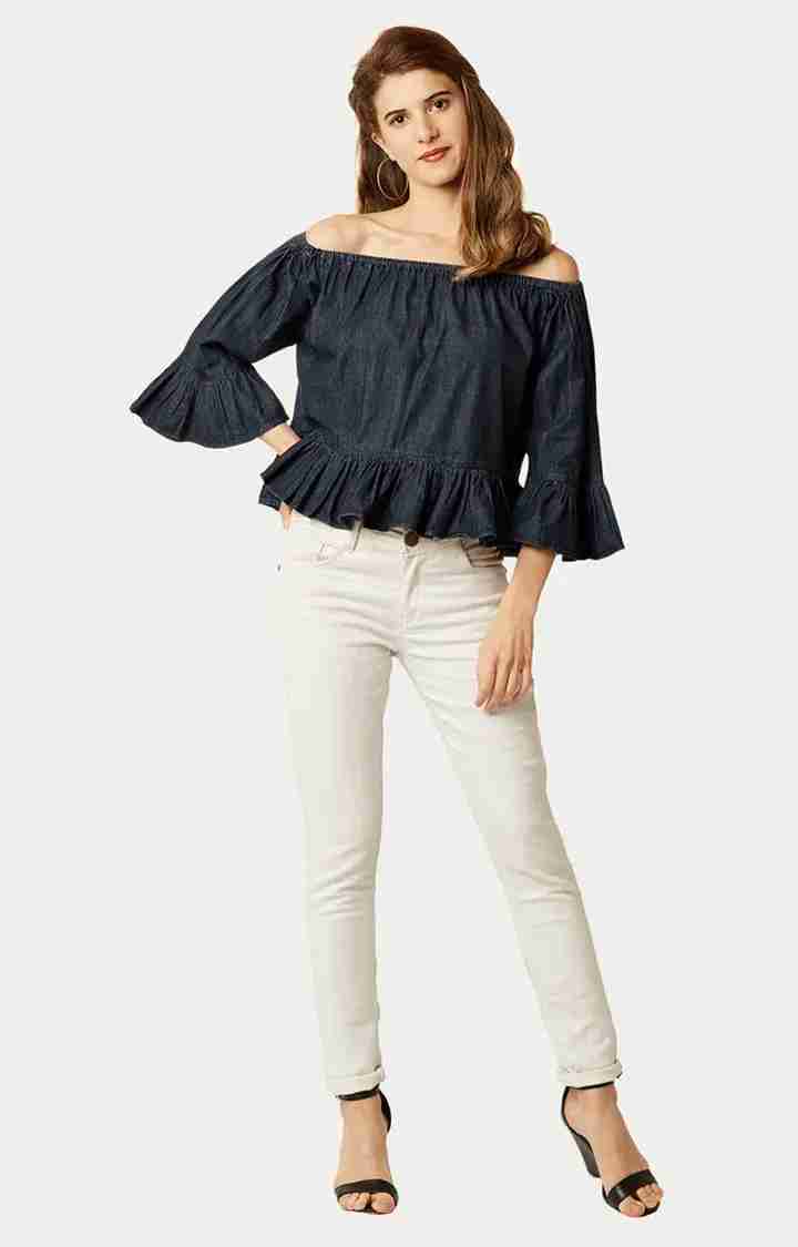 Women's Blue Denim SolidCasualwear Off Shoulder Top