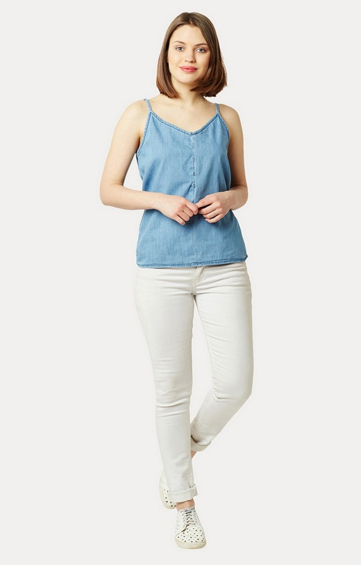 Women's Blue Cotton SolidCasualwear Strappy Top