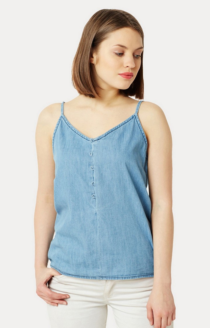 Women's Blue Cotton SolidCasualwear Strappy Top
