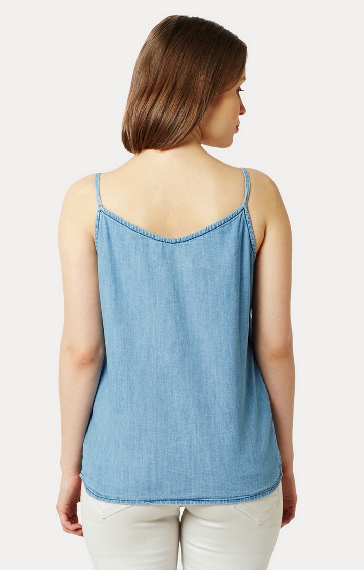 Women's Blue Cotton SolidCasualwear Strappy Top