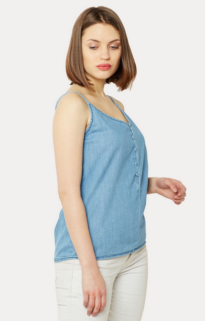 Women's Blue Cotton SolidCasualwear Strappy Top