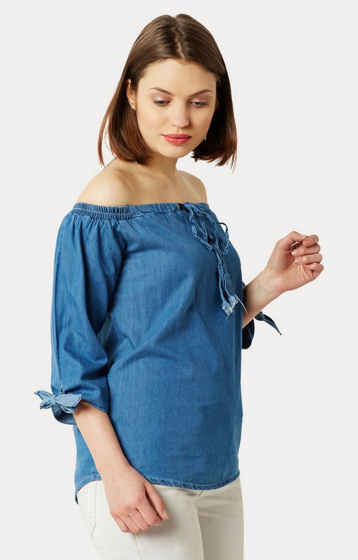 Women's Blue Cotton SolidCasualwear Off Shoulder Top