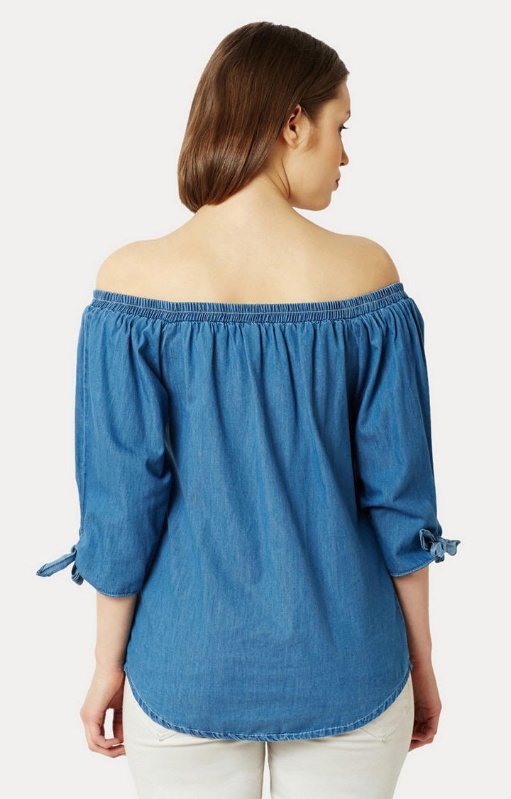 Women's Blue Cotton SolidCasualwear Off Shoulder Top