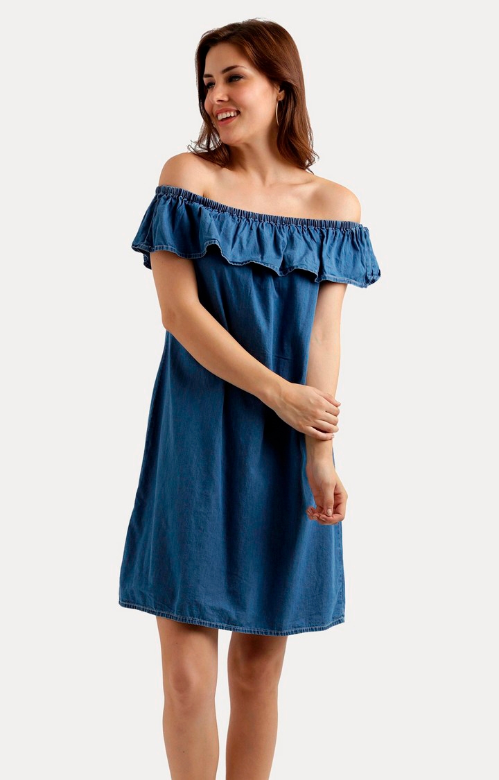 Women's Blue Denim SolidCasualwear Off Shoulder Dress