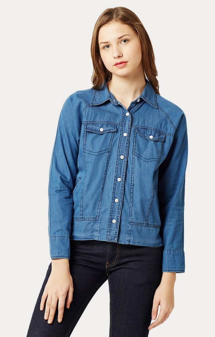 Women's Blue Solid Denim Jackets