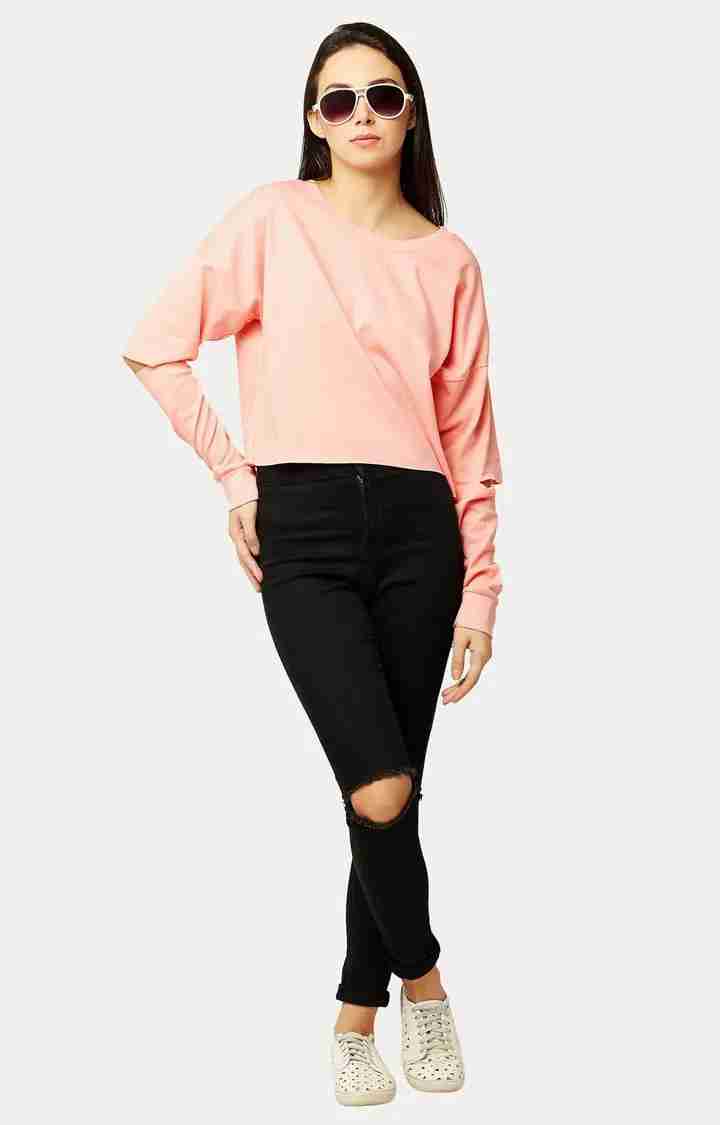 Women's Pink Cotton SolidStreetwear Sweatshirts