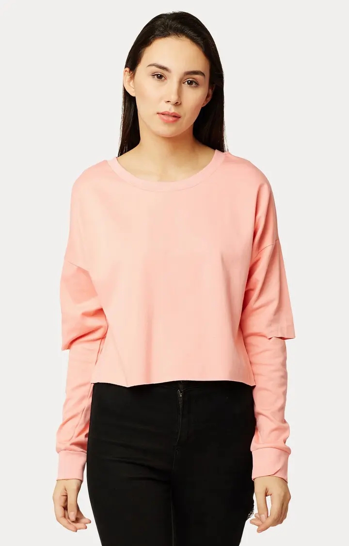 Women's Pink Cotton SolidStreetwear Sweatshirts