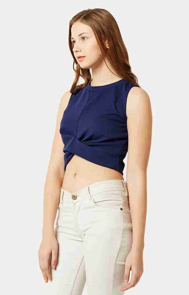 Women's Blue Polyester SolidCasualwear Crop Top