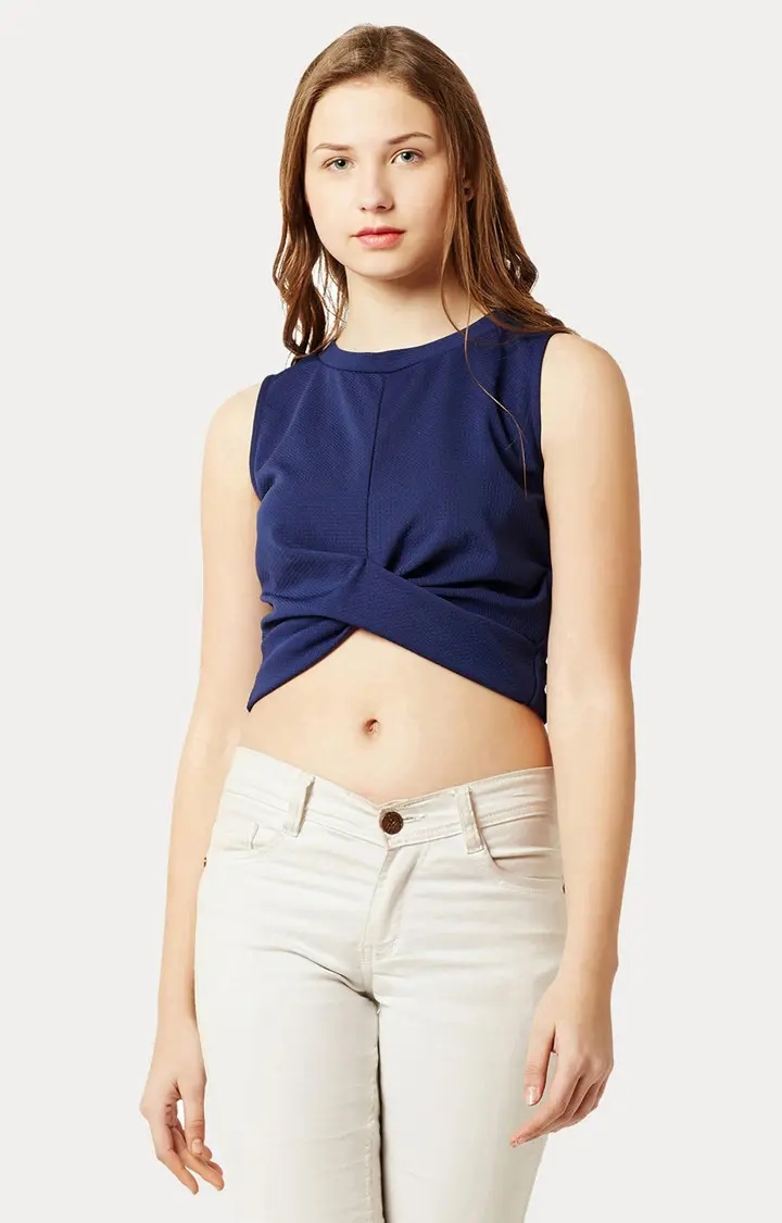 MISS CHASE | Women's Blue Polyester SolidCasualwear Crop Top