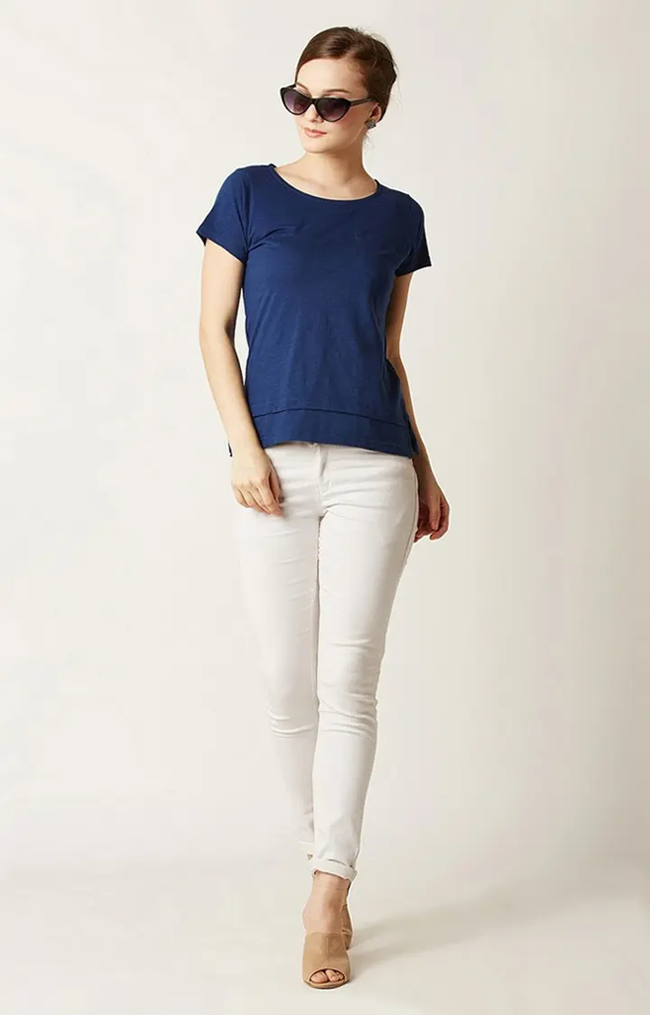 Women's Blue Cotton SolidCasualwear Regular T-Shirts
