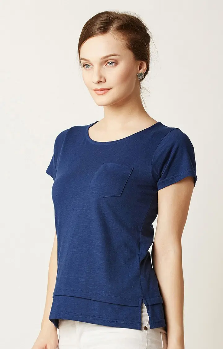 Women's Blue Cotton SolidCasualwear Regular T-Shirts