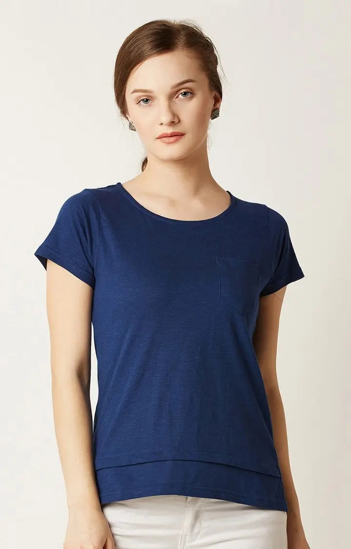 MISS CHASE | Women's Blue Cotton SolidCasualwear Regular T-Shirts