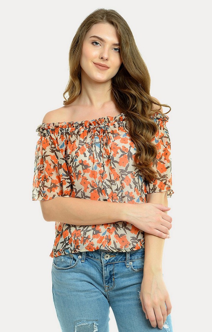 MISS CHASE | Women's Orange Chiffon FloralCasualwear Off Shoulder Top