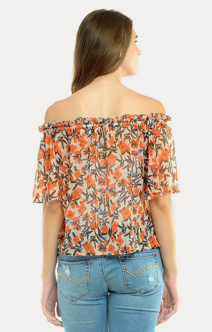Women's Orange Chiffon FloralCasualwear Off Shoulder Top