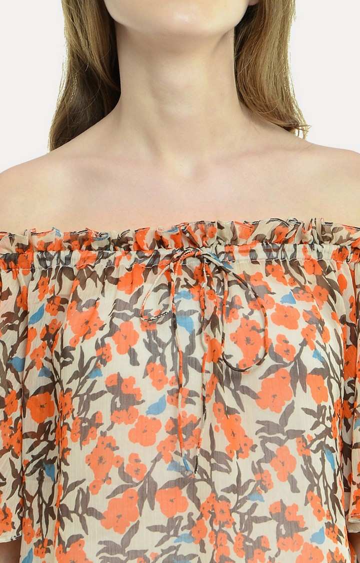 Women's Orange Chiffon FloralCasualwear Off Shoulder Top
